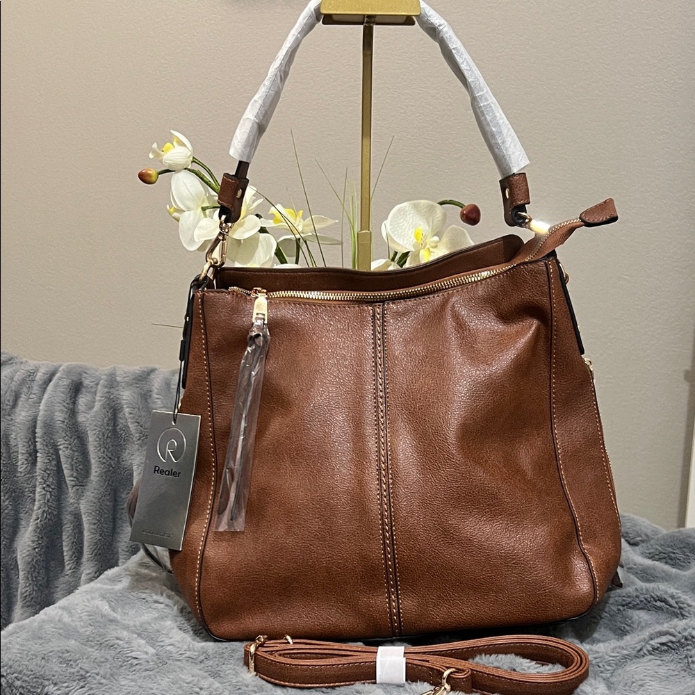 Realer Brown Faux Leather Shoulder / Crossbody Bag EUC retail $49